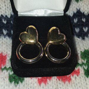 14k solid gold two tone heart and circle drop earrings